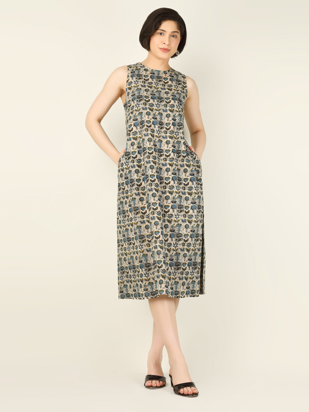 Green Printed Sleeveless A-Line Cotton Dress