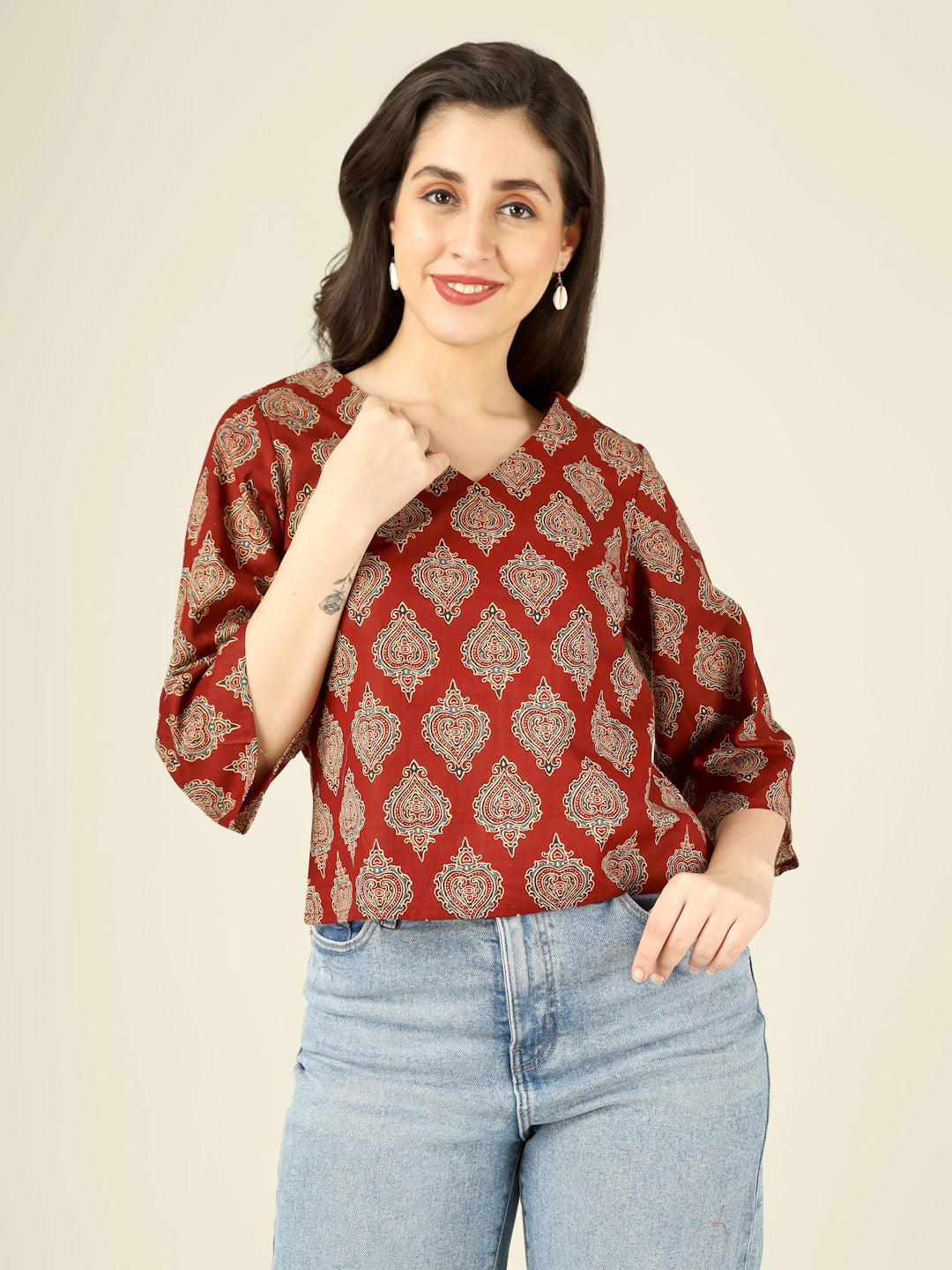 Maroon Printed Straight Bell-Sleeves Top
