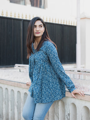 Blue Printed Full Sleeves Alia Cut Cotton Top