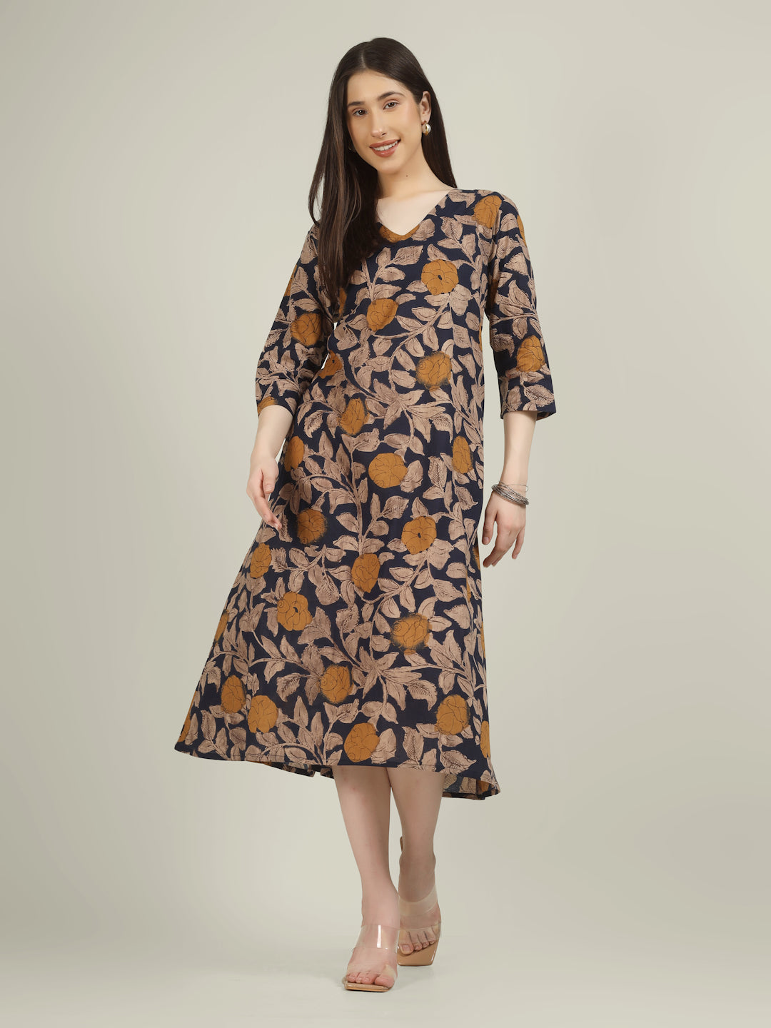 Blue Printed 3/4th Sleeve A-Line Cotton Dress