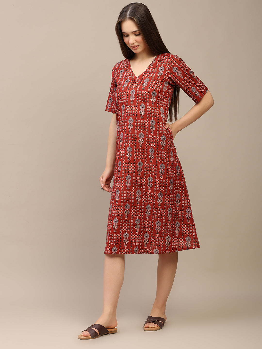 Red Printed Half-Sleeve A-Line Cotton Dress