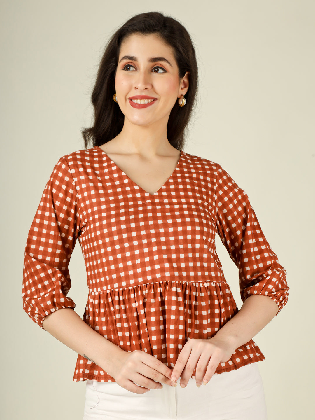 Brown Checked Cotton Peplum Top