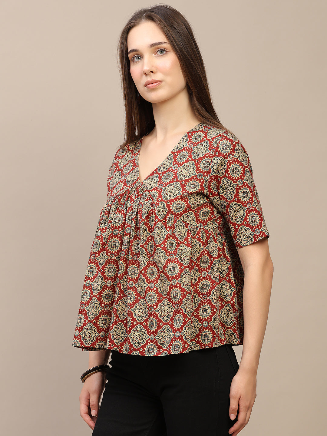 Maroon Printed Half-Sleeve Alia-Cut Cotton Top