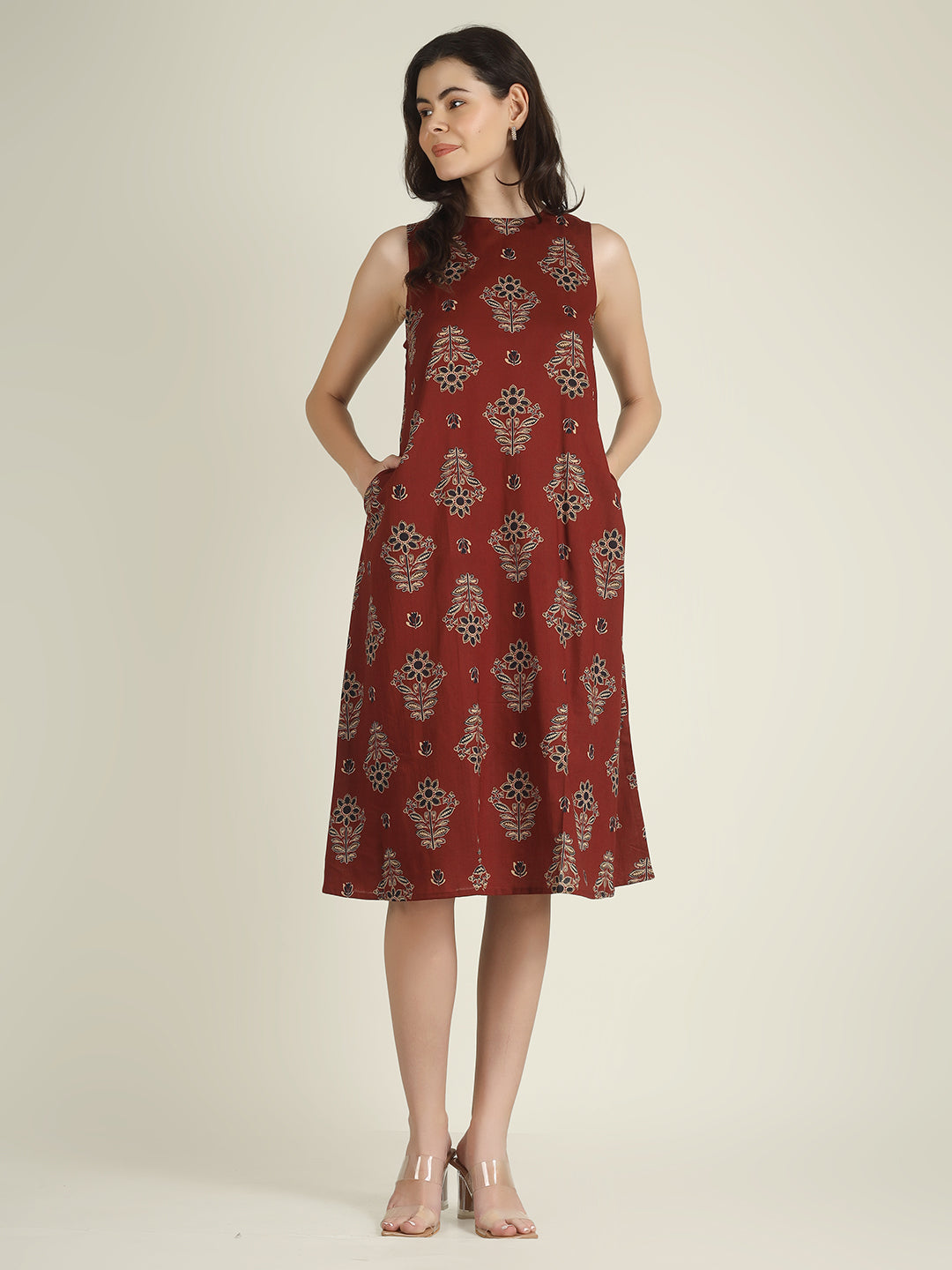 Maroon Printed Sleeveless A-Line Cotton Dress
