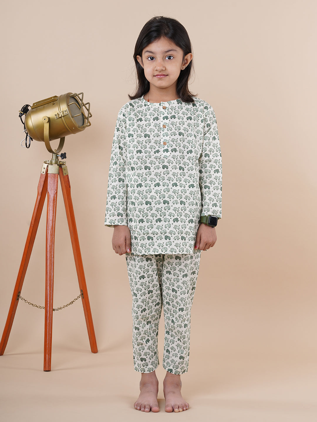 Green Elephant Print Kids Cotton Kurta Pyjama Set