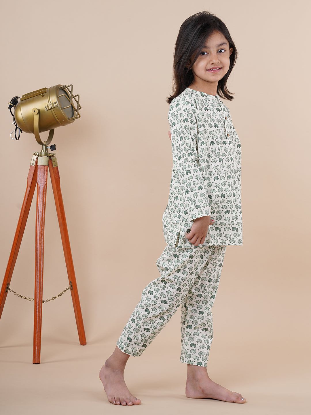 Green Elephant Print Kids Cotton Kurta Pyjama Set