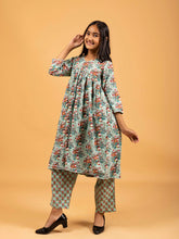 Kids Sea Green Printed Alia Cut Cotton Kurta Set