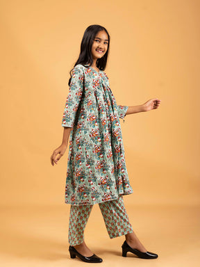 Kids Sea Green Printed Alia Cut Cotton Kurta Set