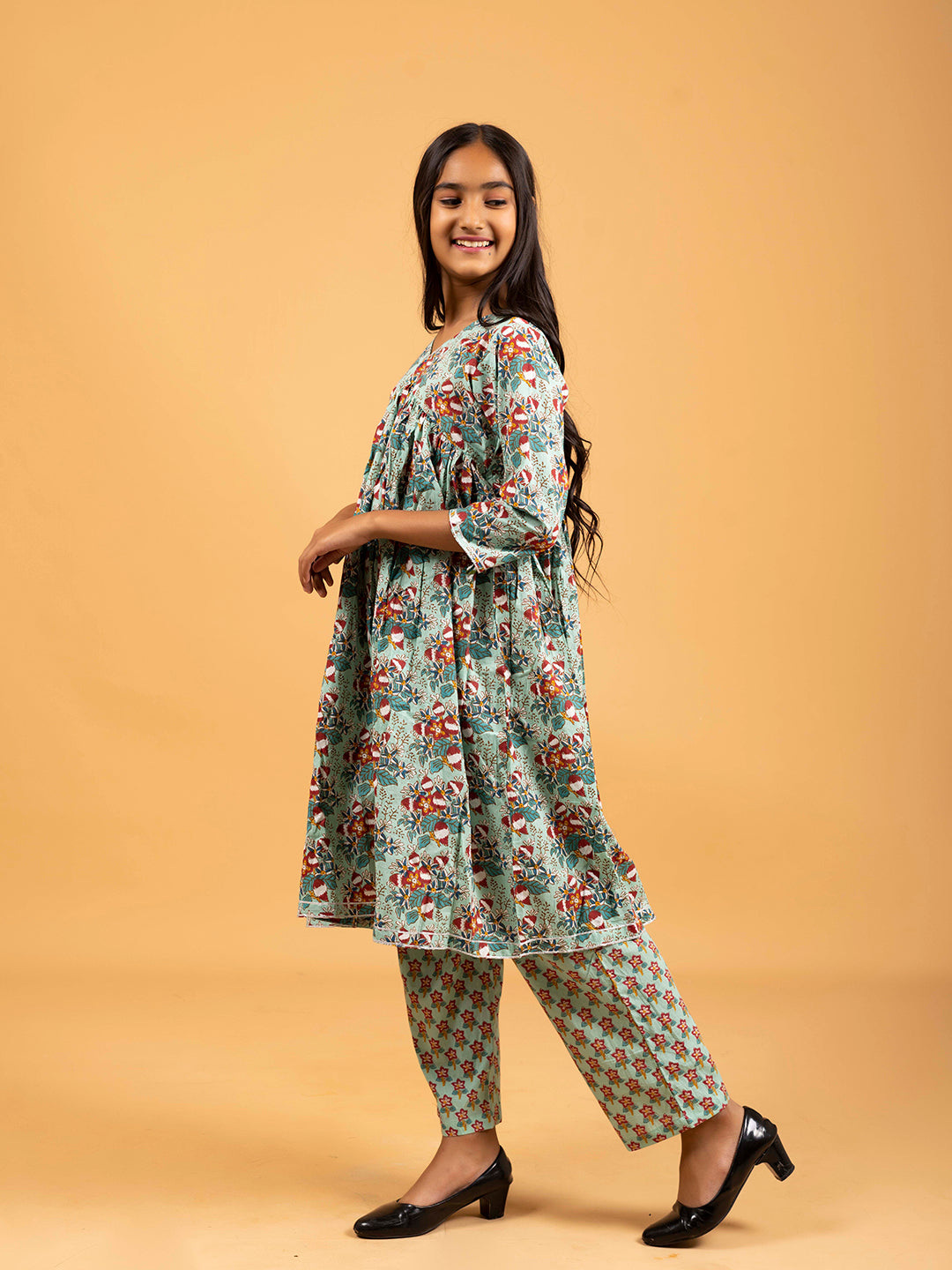 Kids Sea Green Printed Alia Cut Cotton Kurta Set