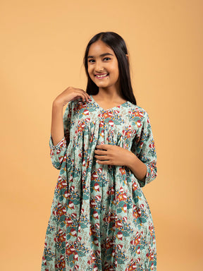 Kids Sea Green Printed Alia Cut Cotton Kurta Set