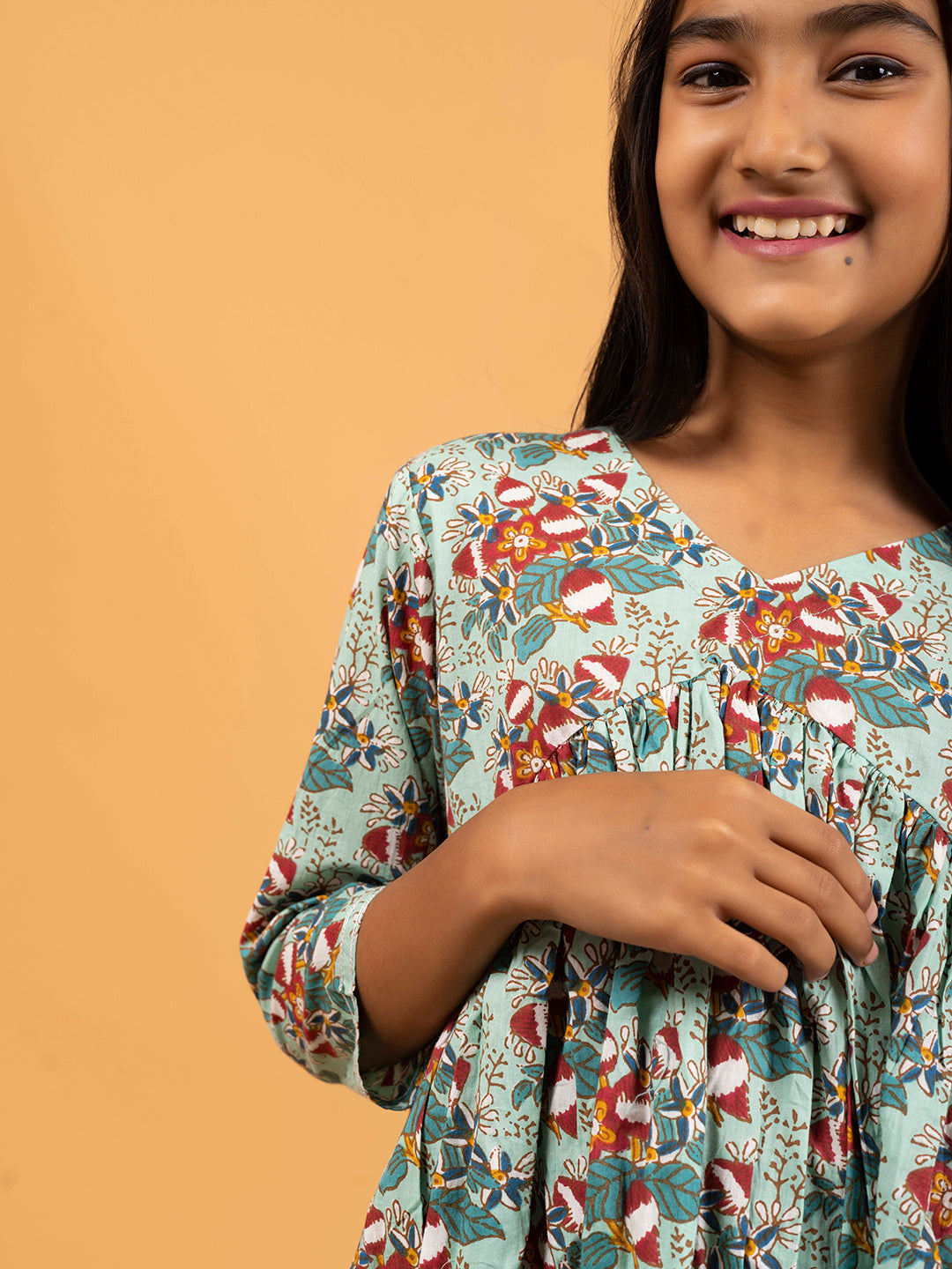 Kids Sea Green Printed Alia Cut Cotton Kurta Set