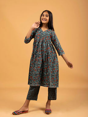 Kids Teal Green Printed Alia Cut Cotton Kurta Set