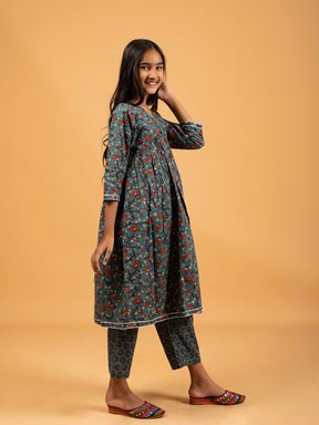 Kids Teal Green Printed Alia Cut Cotton Kurta Set