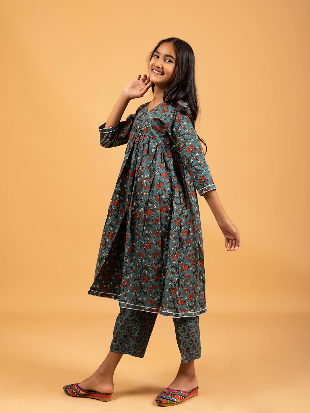 Kids Teal Green Printed Alia Cut Cotton Kurta Set