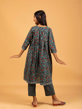 Kids Teal Green Printed Alia Cut Cotton Kurta Set