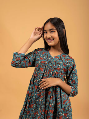 Kids Teal Green Printed Alia Cut Cotton Kurta Set