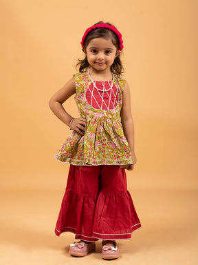 Kids Light Green and Red Printed Cotton Sharara Set