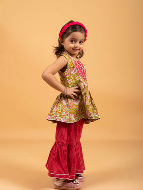 Kids Light Green and Red Printed Cotton Sharara Set