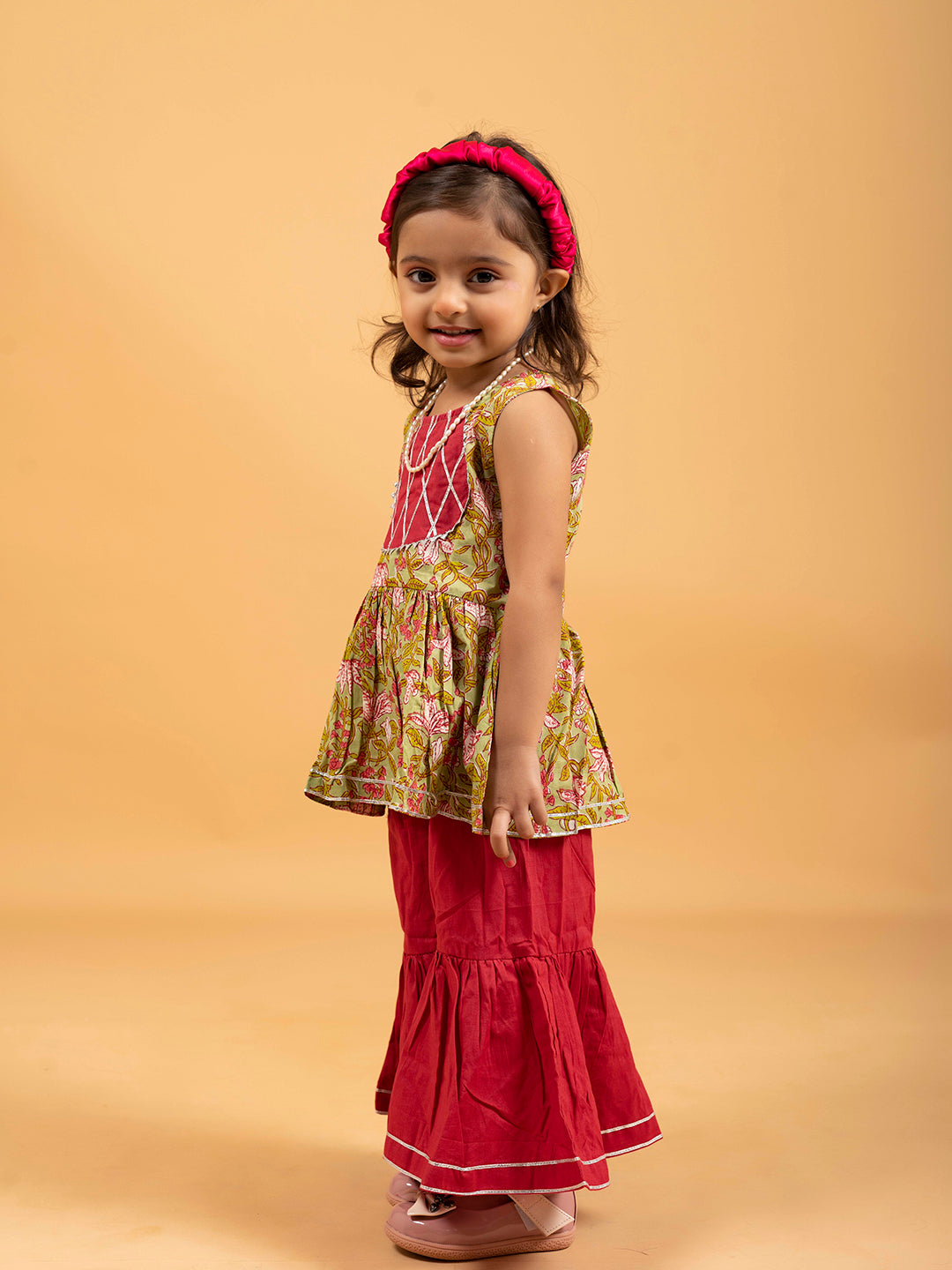 Kids Light Green and Red Printed Cotton Sharara Set