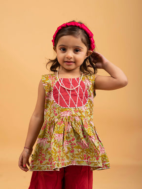 Kids Light Green and Red Printed Cotton Sharara Set