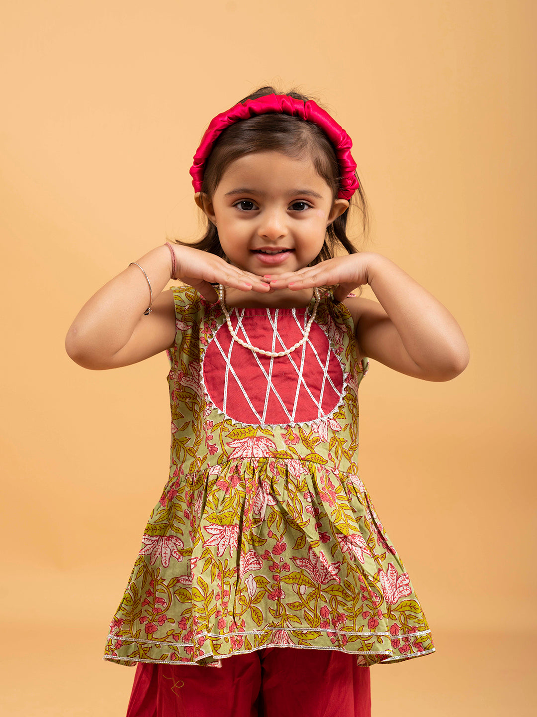 Kids Light Green and Red Printed Cotton Sharara Set