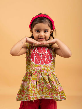 Kids Light Green and Red Printed Cotton Sharara Set