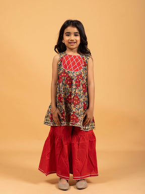 Kids Green and Red Printed Cotton Sharara Set