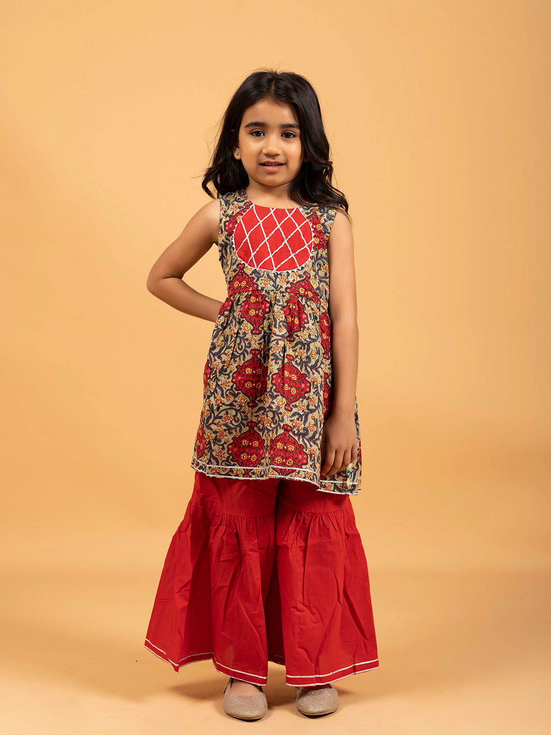 Kids Green and Red Printed Cotton Sharara Set