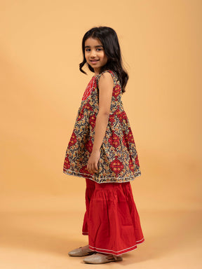 Kids Green and Red Printed Cotton Sharara Set