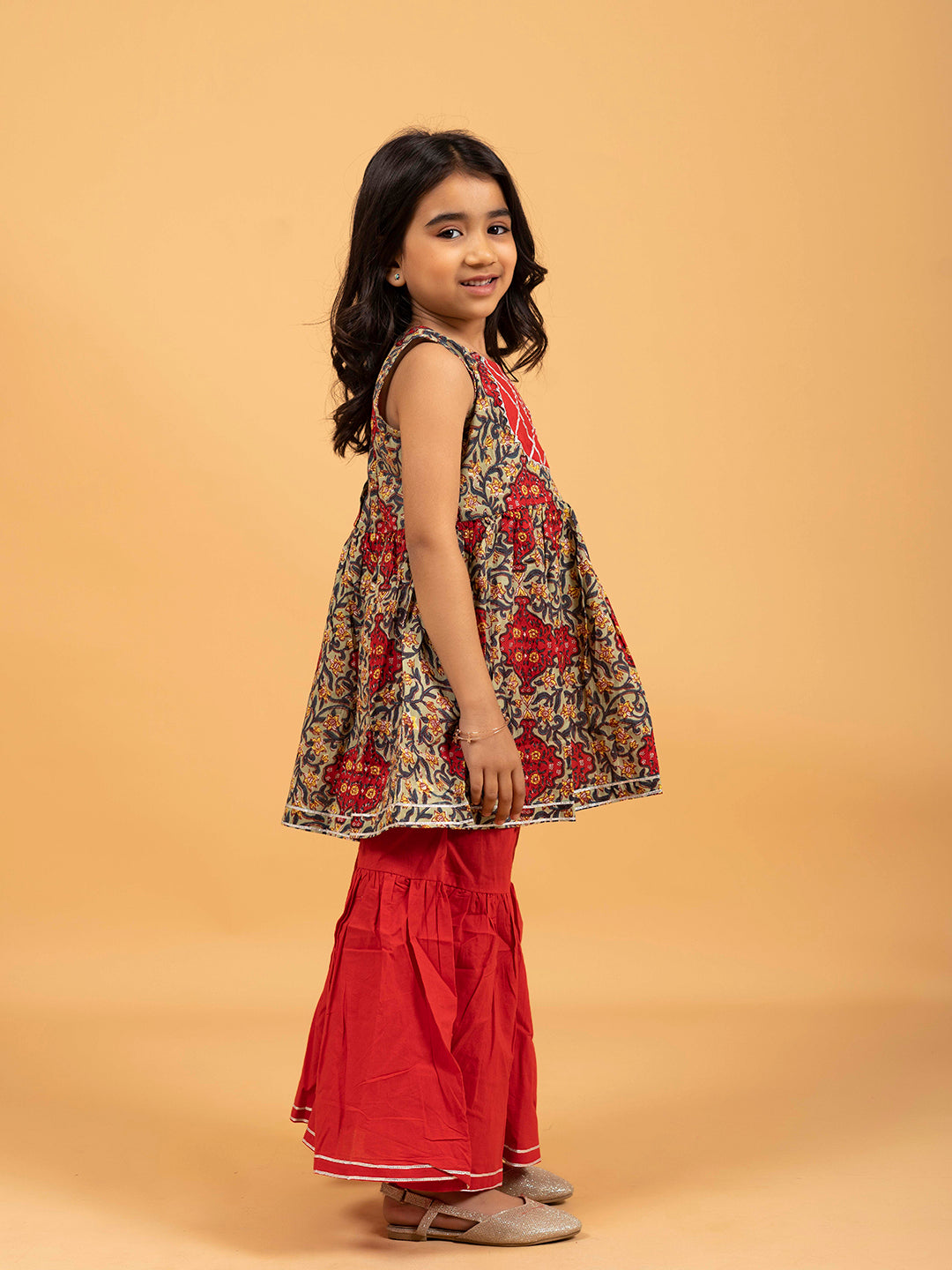 Kids Green and Red Printed Cotton Sharara Set