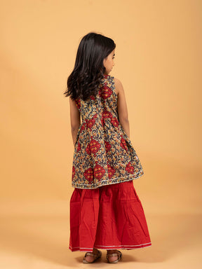 Kids Green and Red Printed Cotton Sharara Set