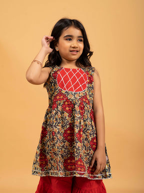 Kids Green and Red Printed Cotton Sharara Set