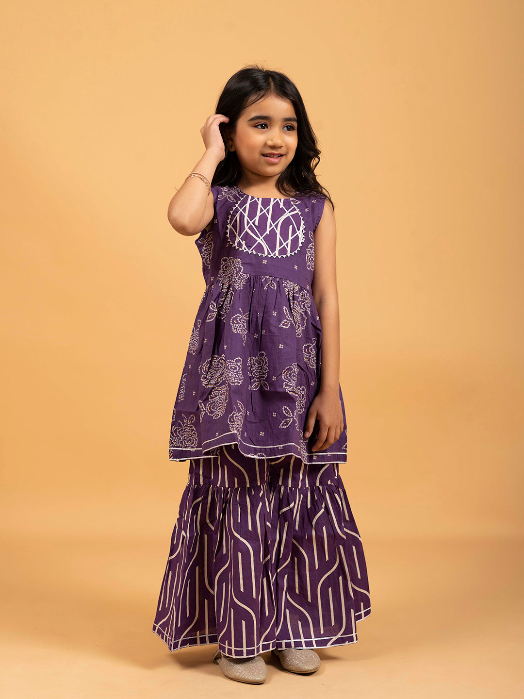 Kids Purple Printed Cotton Sharara Set