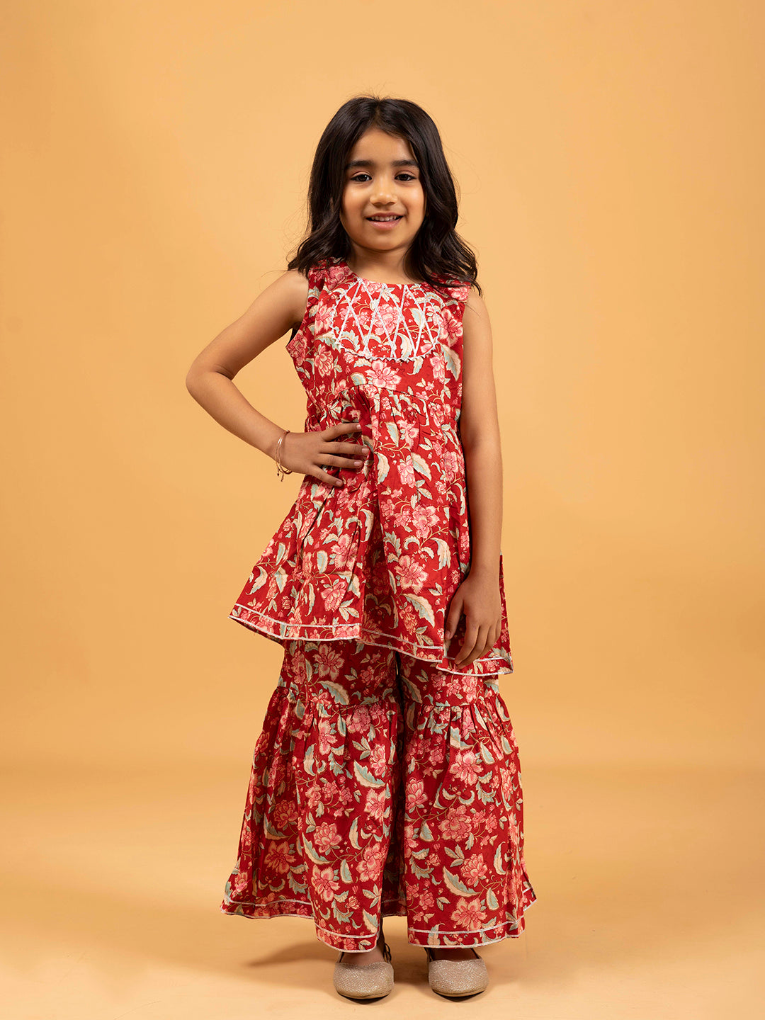 Kids Red Printed Cotton Sharara Set