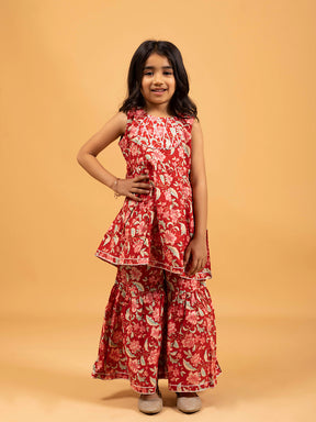 Kids Red Printed Cotton Sharara Set