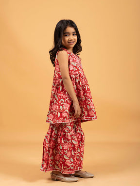 Kids Red Printed Cotton Sharara Set