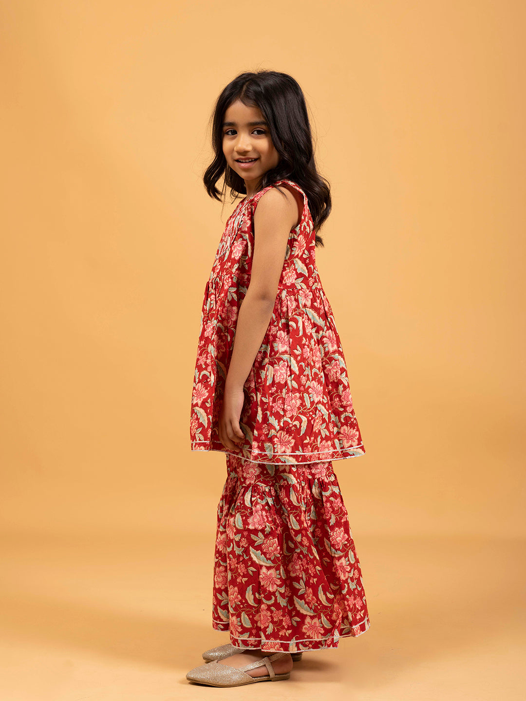 Kids Red Printed Cotton Sharara Set