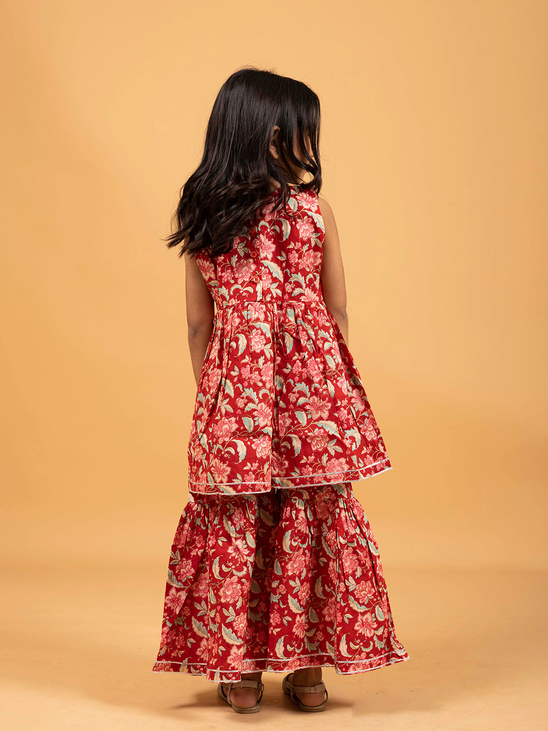 Kids Red Printed Cotton Sharara Set