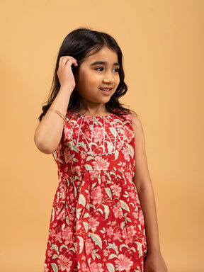 Kids Red Printed Cotton Sharara Set