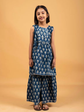 Kids Blue Printed Cotton Sharara Set