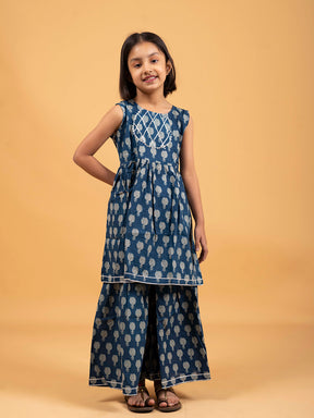 Kids Blue Printed Cotton Sharara Set