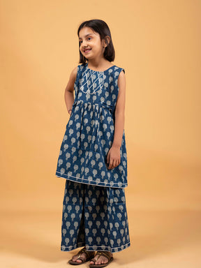 Kids Blue Printed Cotton Sharara Set