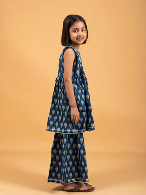 Kids Blue Printed Cotton Sharara Set