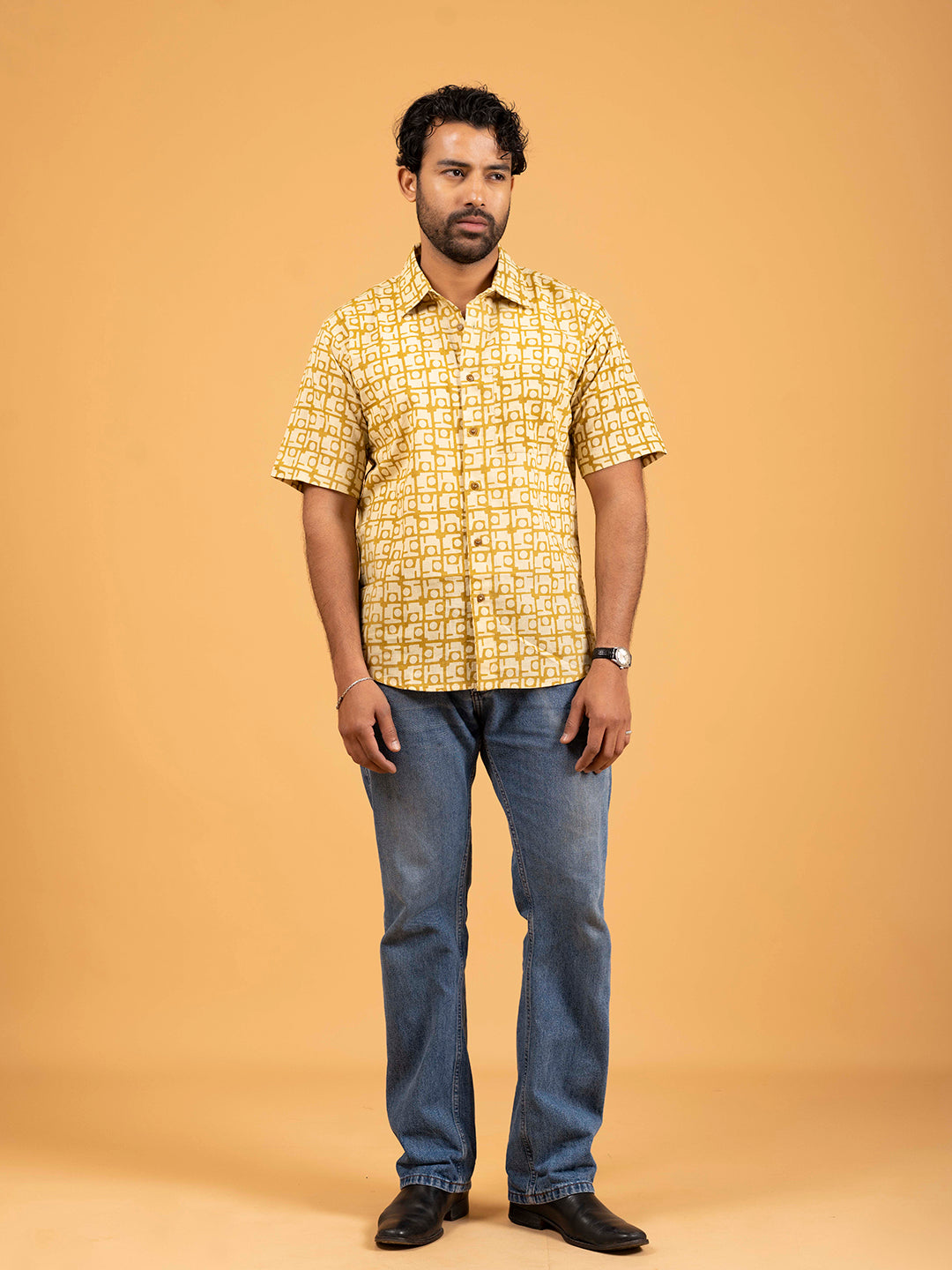 Mens Mustard Printed Half-Sleeve Shirt