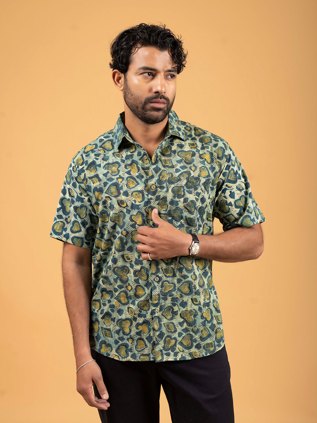 Mens Green Printed Half-Sleeve Shirt