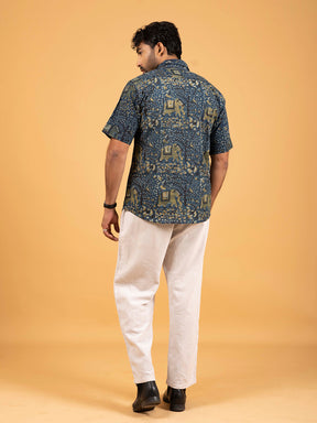 Mens Dark Blue Printed Half-Sleeve Shirt