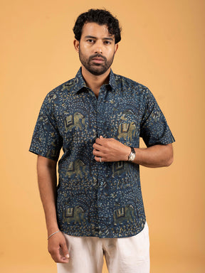 Mens Dark Blue Printed Half-Sleeve Shirt