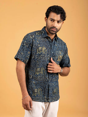 Mens Dark Blue Printed Half-Sleeve Shirt