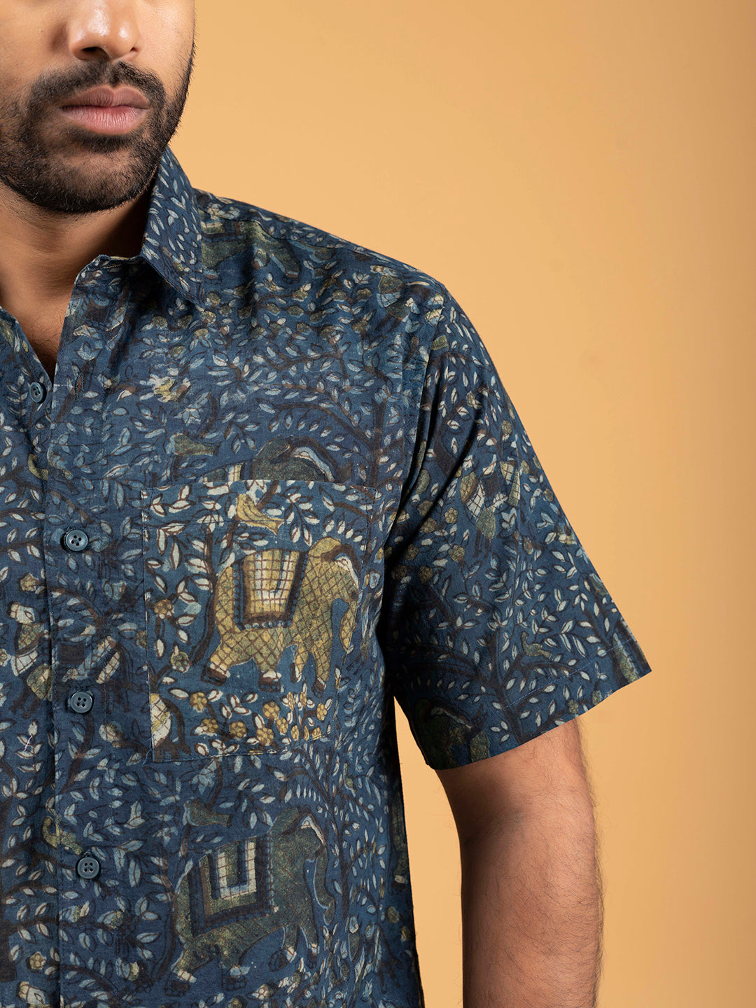 Mens Dark Blue Printed Half-Sleeve Shirt