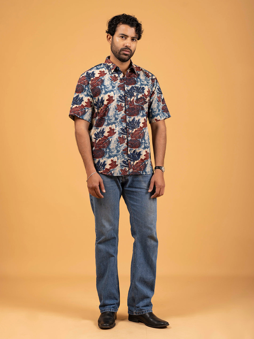 Mens Blue Printed Half-Sleeve Shirt